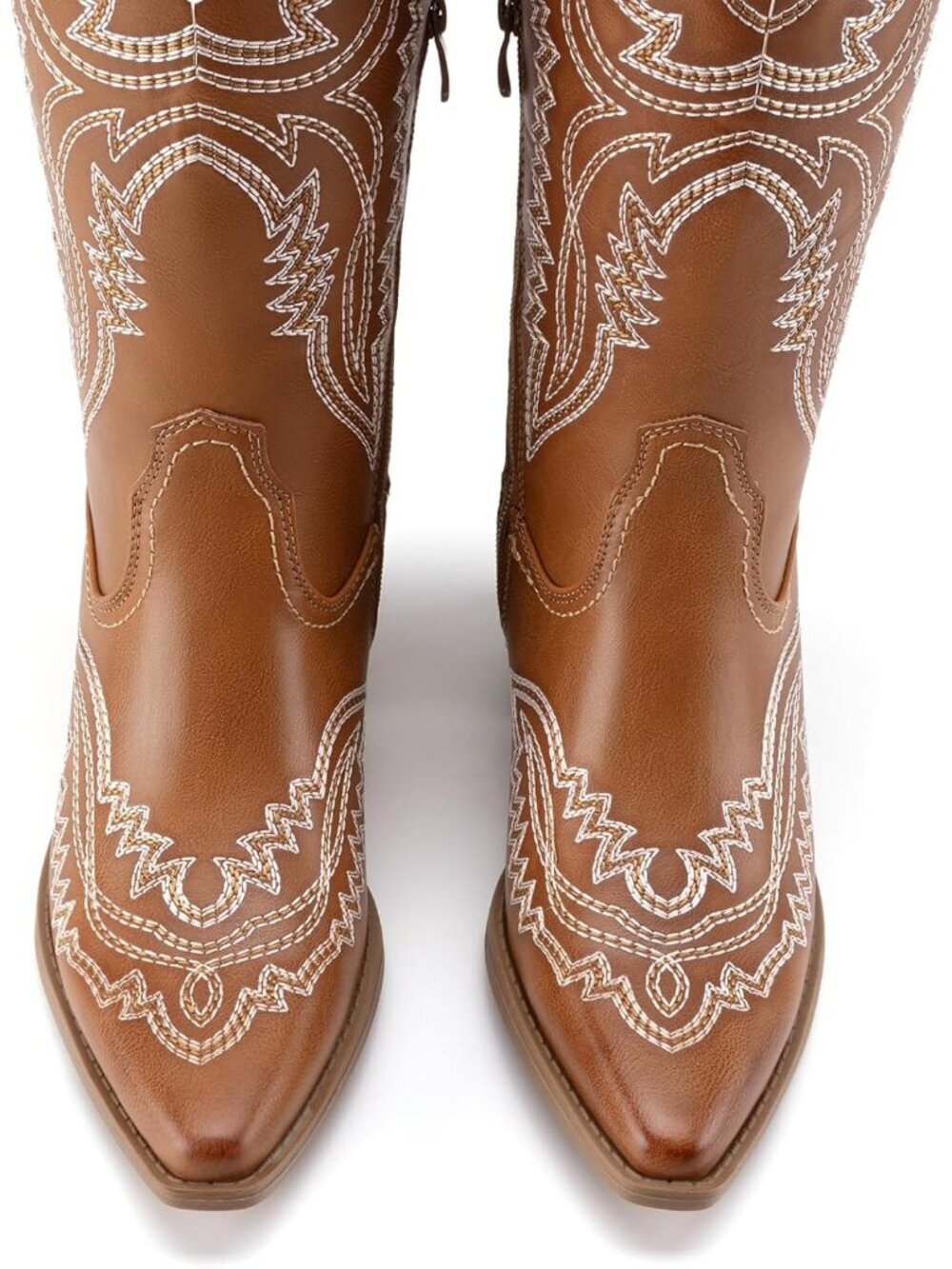 Women's Tan Leather Square Toe Embroidery Western Mid Calf Cowgirl Boots - Picture 5 of 6